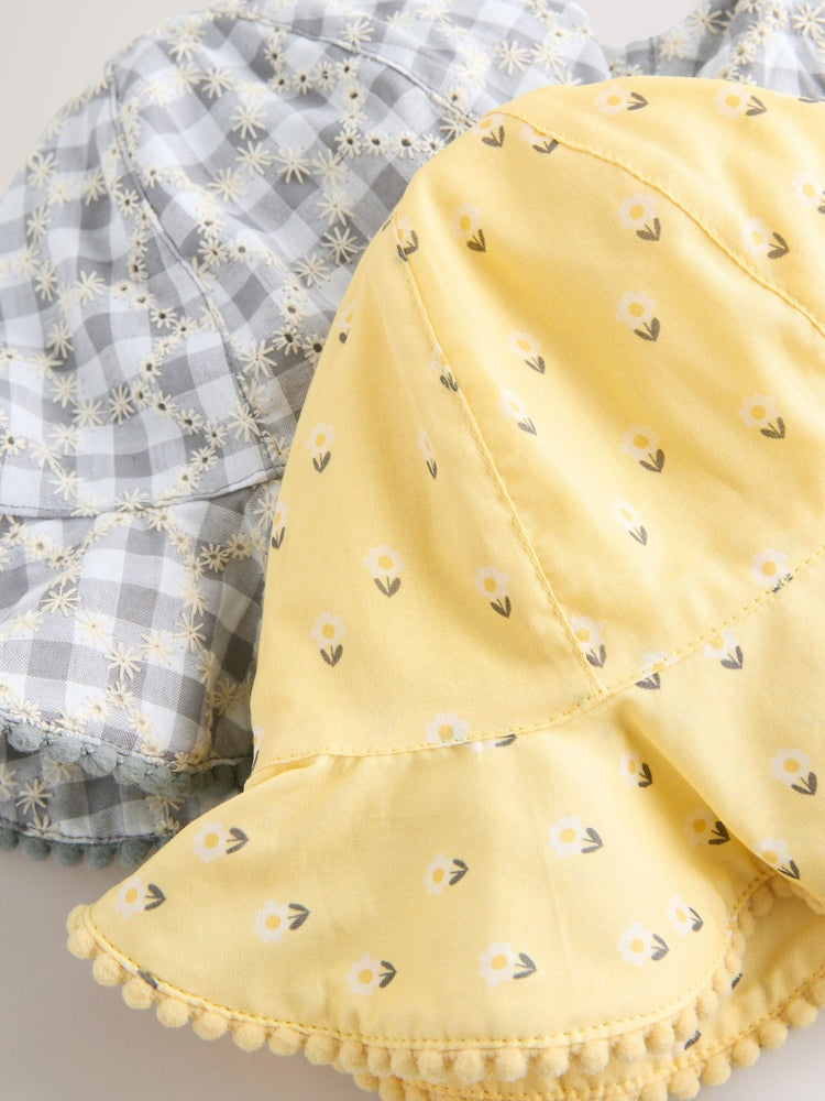 Yellow Floral Broderie and Grey Gingham Baby Bucket Hats 2 Pack (0mths-2yrs)
