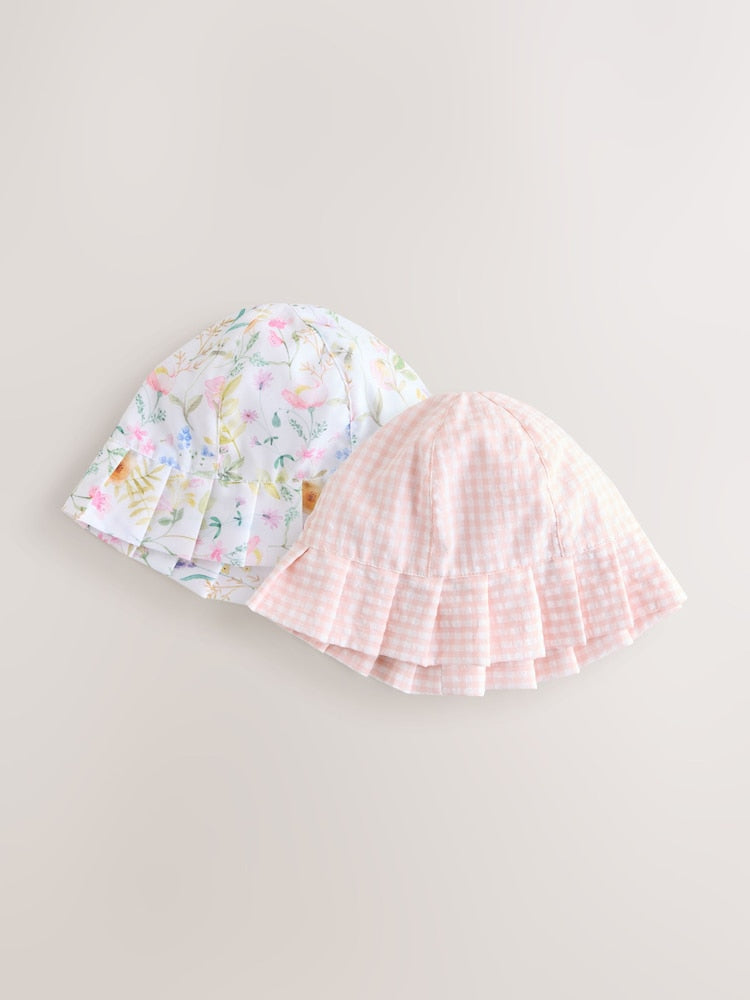 Pink Floral and Gingham Baby Woven Bucket Hats 2 Pack (0mths-2yrs) - Up To 3 Months (50 - 62cm)