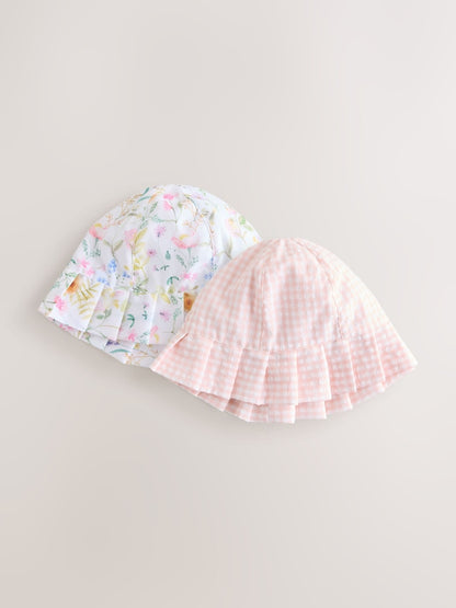 Pink Floral and Gingham Baby Woven Bucket Hats 2 Pack (0mths-2yrs) - Up To 3 Months (50 - 62cm)
