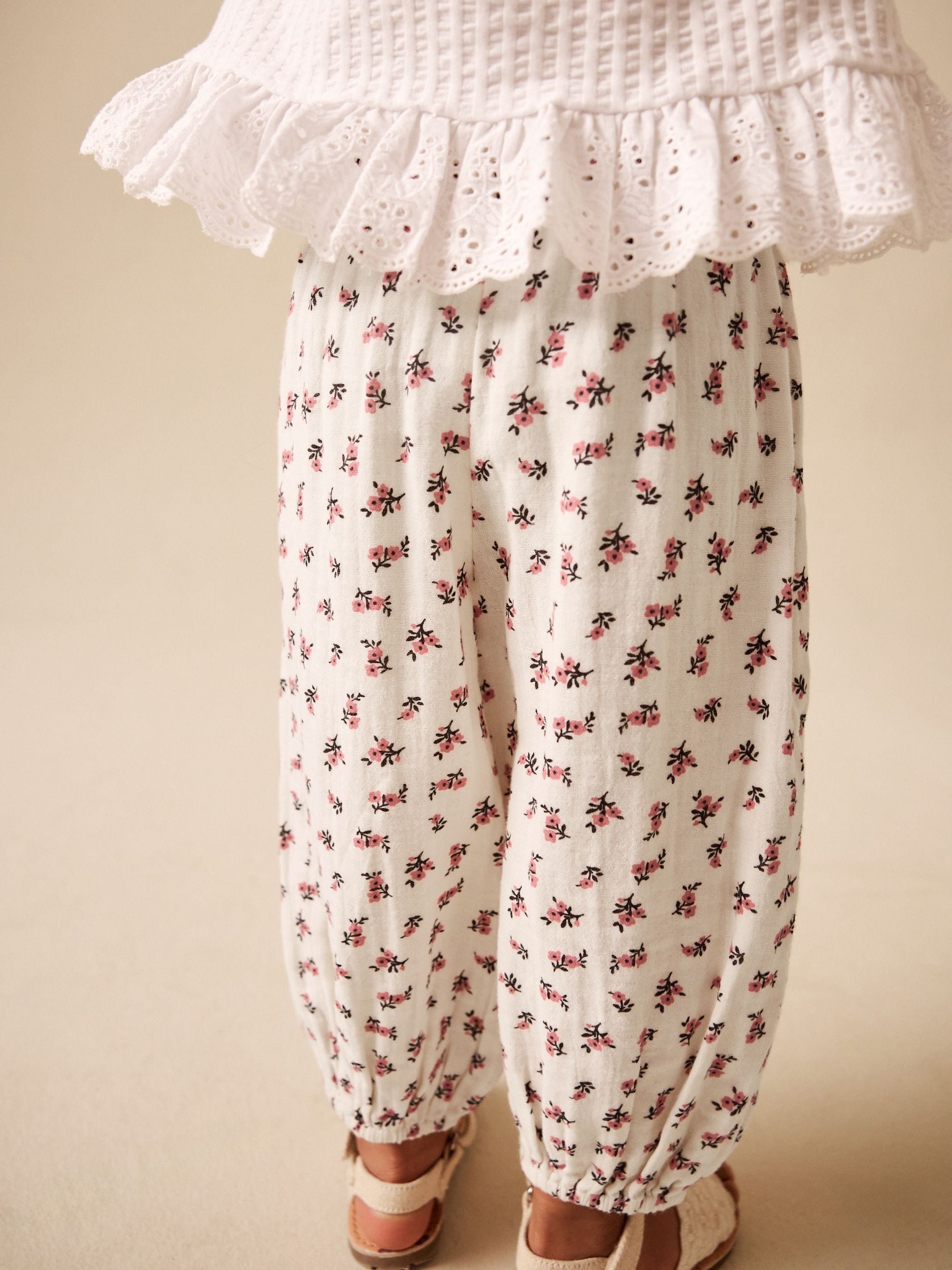 Cream/Pink Floral Ditsy Pull On Trousers (3mths-7yrs) - Size 3-6 Months (62-68cm)