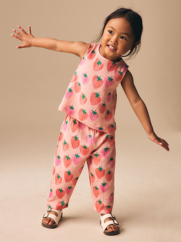 Pink Strawberry Print Top & Trousers Set (3mths-7yrs) - Pink Strawberry Print / 12-18 Months (80-86cm)