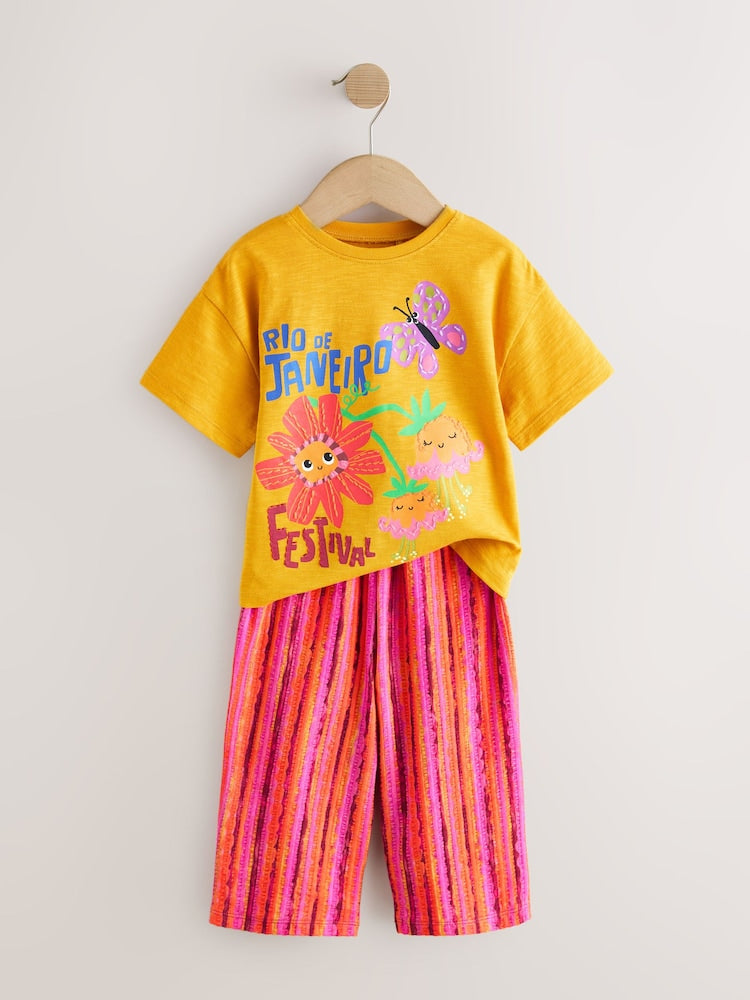Ochre Yellow Short Sleeve T-Shirt and Wide Leg Trousers Set (3mths-7yrs)