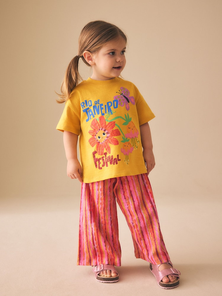 Ochre Yellow Short Sleeve T-Shirt and Wide Leg Trousers Set (3mths-7yrs) - Size 3-6 Months (62-68cm) - Ochre Yellow
