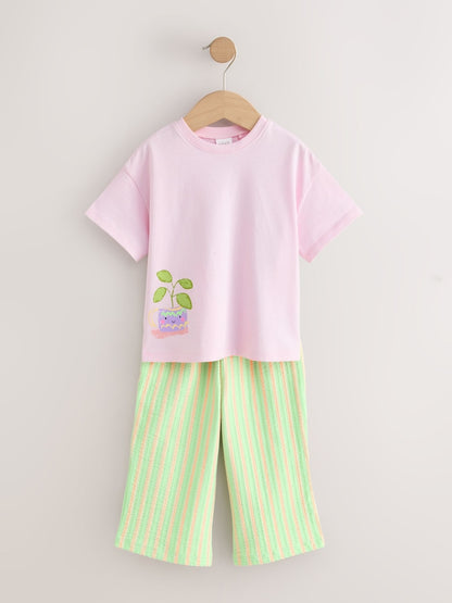 Pink Plants Character Short Sleeve Top and Wide Trousers Set (3mths-7yrs)