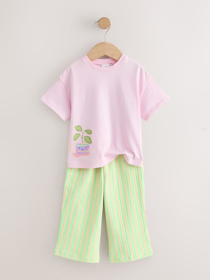 Pink Plants Character Short Sleeve Top and Wide Trousers Set (3mths-7yrs)