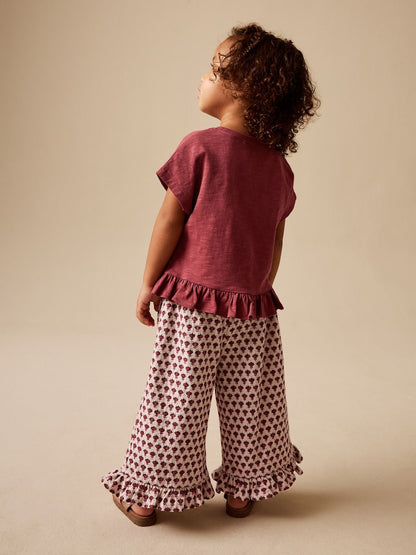 Red/Brown Flower Short Sleeve Top and Wide Trousers Set (3mths-7yrs)
