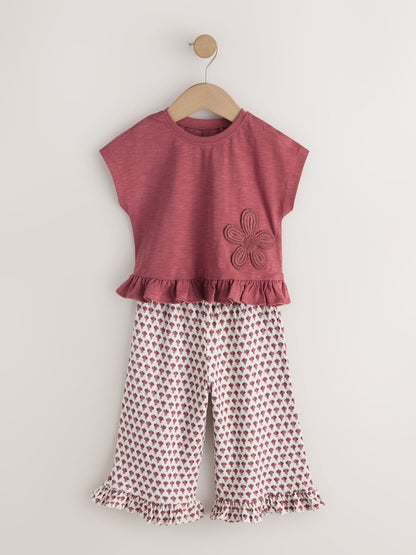 Red/Brown Flower Short Sleeve Top and Wide Trousers Set (3mths-7yrs)