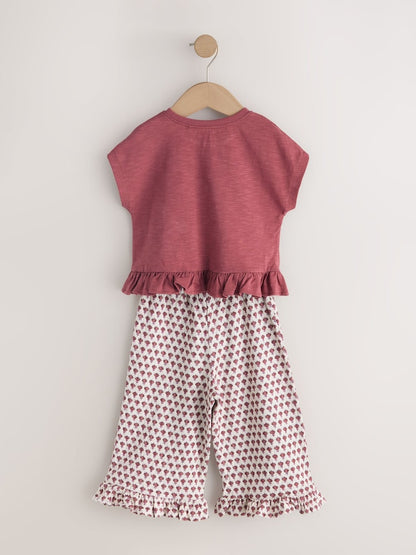 Red/Brown Flower Short Sleeve Top and Wide Trousers Set (3mths-7yrs)