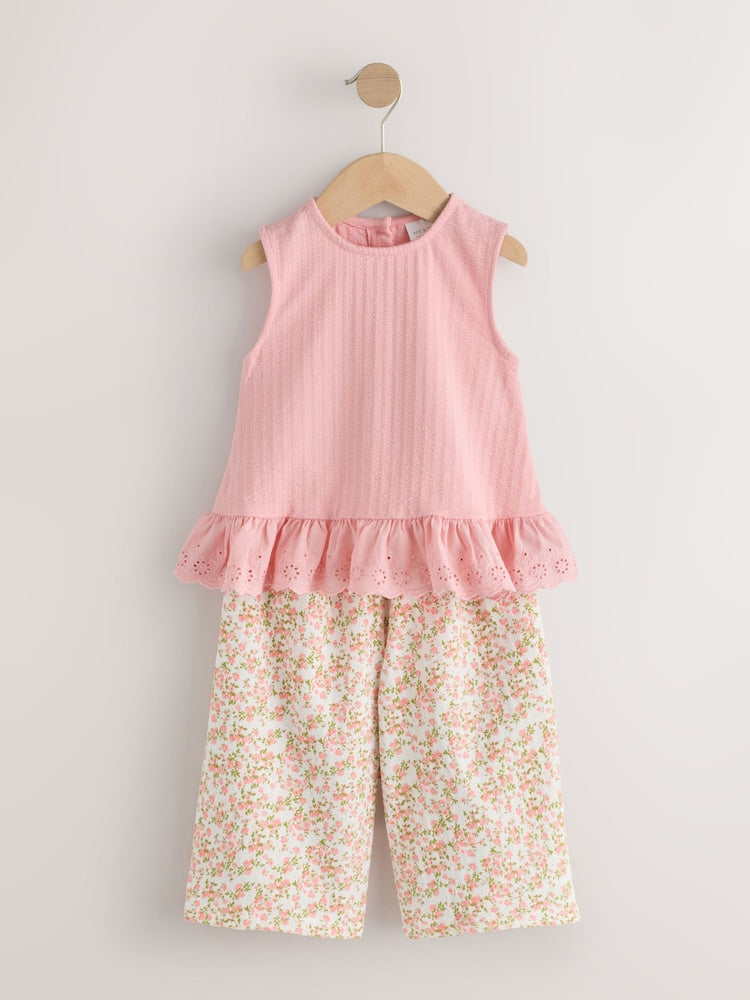 Pink Flower Broiderie Vest and Wide Trousers Set (3mths-7yrs)