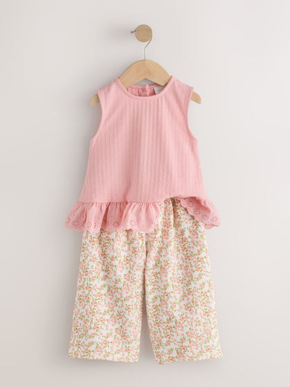 Pink Flower Broiderie Vest and Wide Trousers Set (3mths-7yrs)