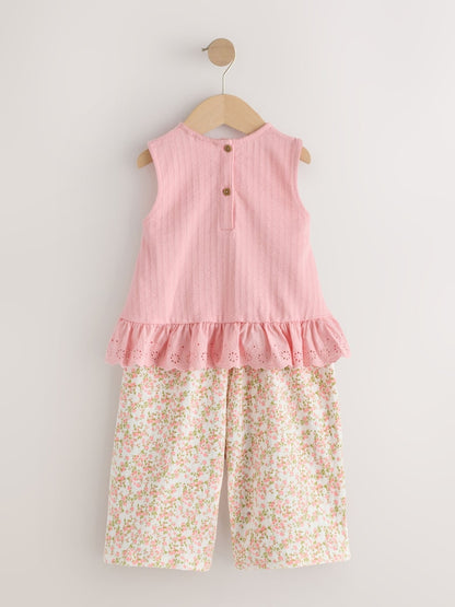 Pink Flower Broiderie Vest and Wide Trousers Set (3mths-7yrs)