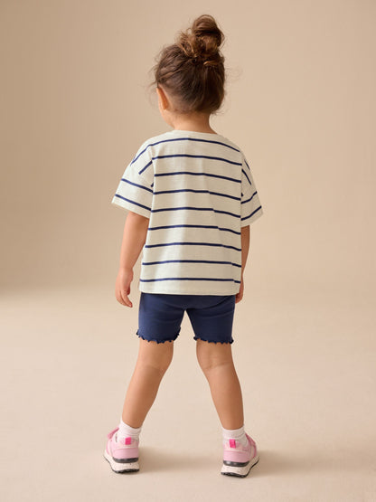 Blue/Ecru Short Sleeve T Shirt and Cycle Shorts Set (3mths-7yrs) - Size 3-6 Months (62-68cm)