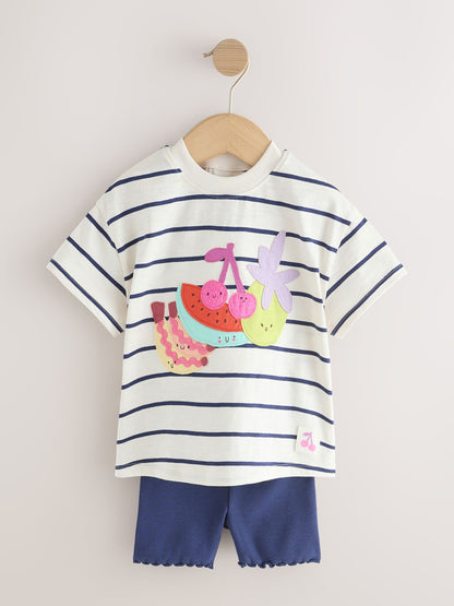 Blue/Ecru Short Sleeve T Shirt and Cycle Shorts Set (3mths-7yrs) - Size 3-6 Months (62-68cm)