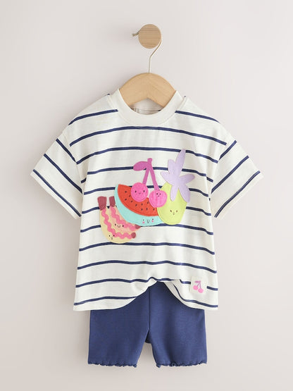 Blue/Ecru Short Sleeve T Shirt and Cycle Shorts Set (3mths-7yrs) - Size 3-6 Months (62-68cm)