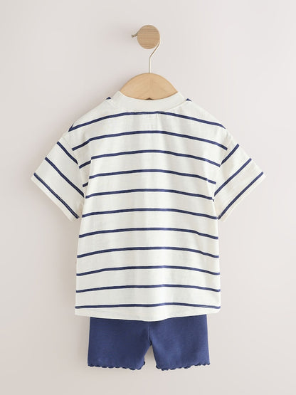 Blue/Ecru Short Sleeve T Shirt and Cycle Shorts Set (3mths-7yrs) - Size 3-6 Months (62-68cm)