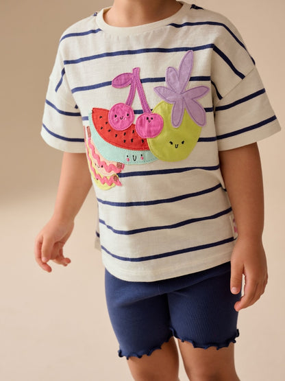 Blue/Ecru Short Sleeve T Shirt and Cycle Shorts Set (3mths-7yrs) - Size 3-6 Months (62-68cm) - Blue/Ecru