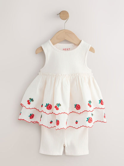 Ecru Berry Embroidery Broderie Peplum Vest and Cycle Shorts Set (3mths-7yrs)