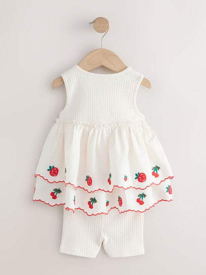 Ecru Berry Embroidery Broderie Peplum Vest and Cycle Shorts Set (3mths-7yrs)