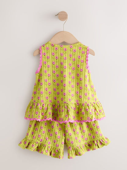 Green/Pink Flower Peplum Vest and Shorts Set (3mths-7yrs)