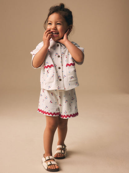 Ecru White Ditsy Flower Short Sleeve Button Shirt and Shorts Set (3mths-7yrs) - Size 3-6 Months (62-68cm)