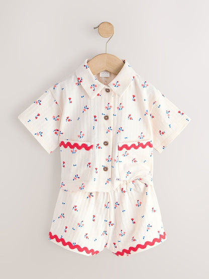 Ecru White Ditsy Flower Short Sleeve Button Shirt and Shorts Set (3mths-7yrs) - Size 3-6 Months (62-68cm)