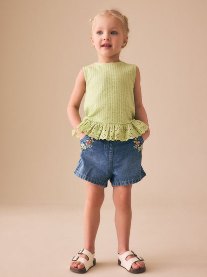 Mid Blue Denim Embroidered Flower Pull On Denim