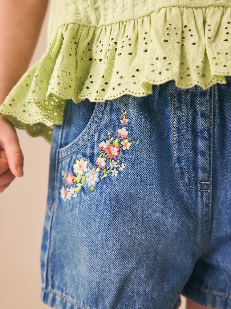 Mid Blue Denim Embroidered Flower Pull On Denim