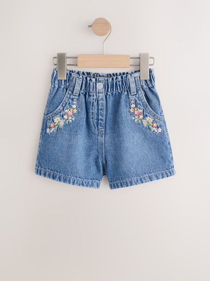 Mid Blue Denim Embroidered Flower Pull On Denim