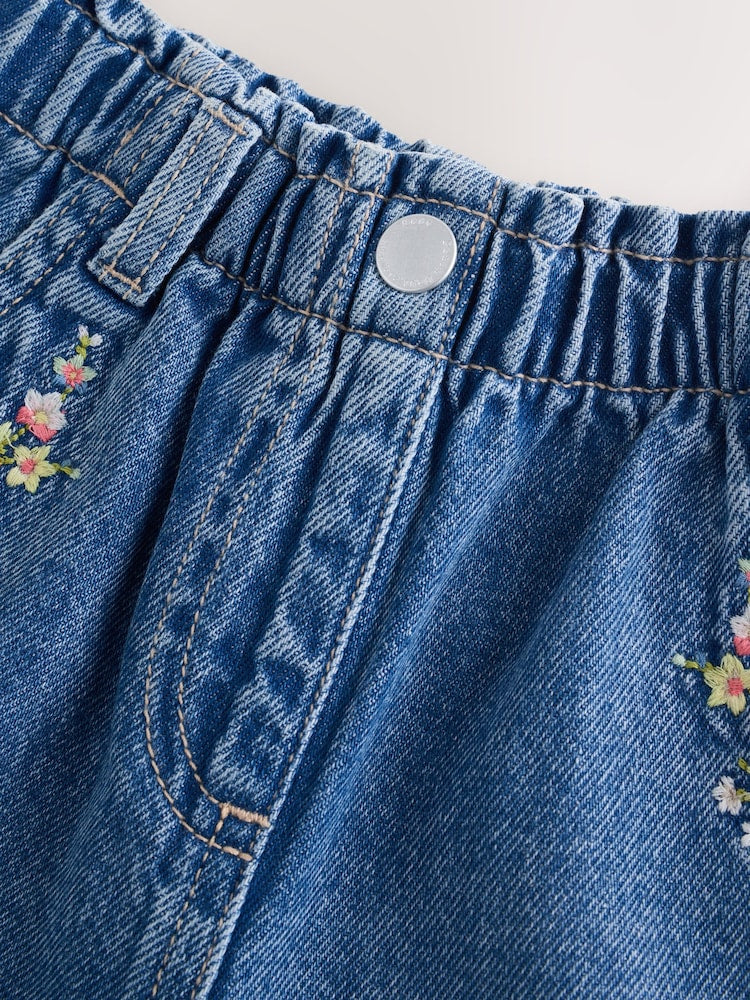 Mid Blue Denim Embroidered Flower Pull On Denim