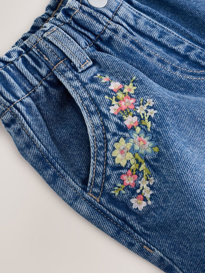 Mid Blue Denim Embroidered Flower Pull On Denim