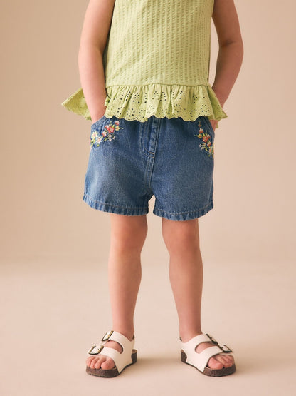 Mid Blue Denim Embroidered Flower Pull On Denim Shorts (3mths-10yrs) - Mid Blue Denim Embroidered Flower Pull On Denim / 12-18 Months (80-86cm)