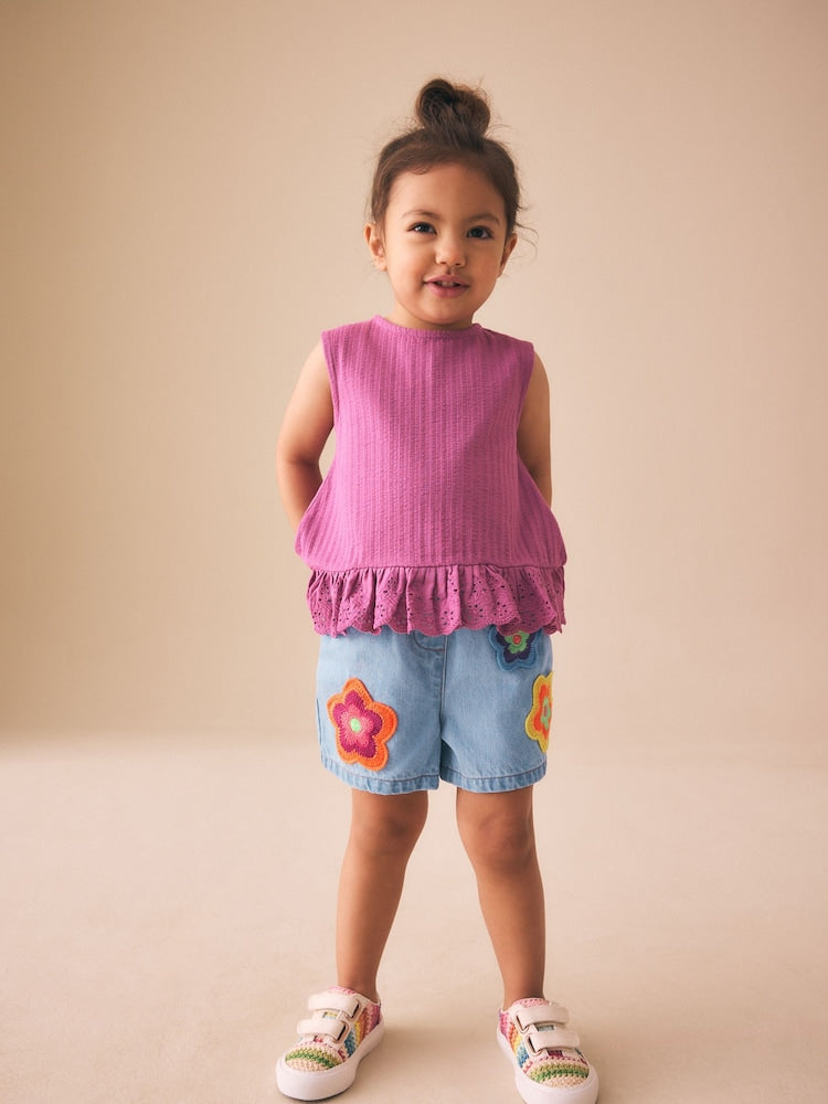 Mid Denim Crochet Flower Pull On Denim