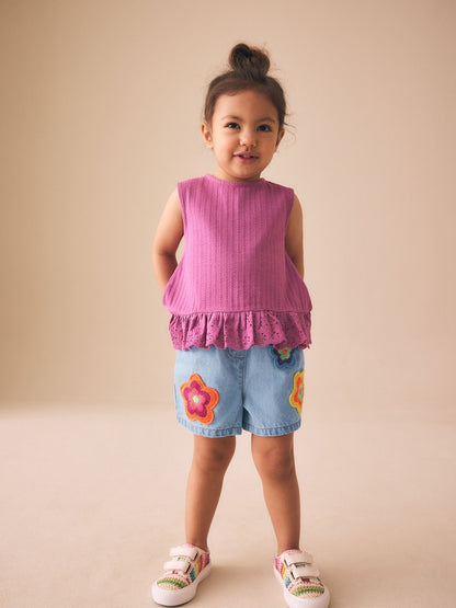Mid Denim Crochet Flower Pull On Denim