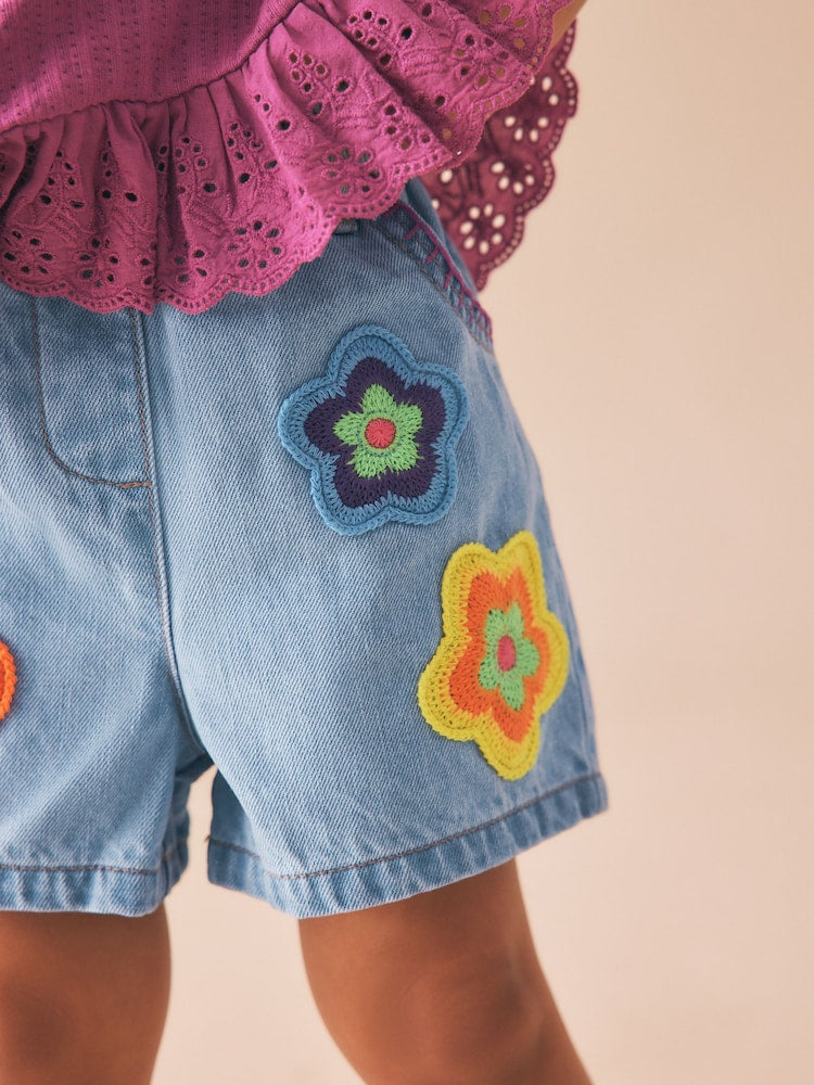 Mid Denim Crochet Flower Pull On Denim