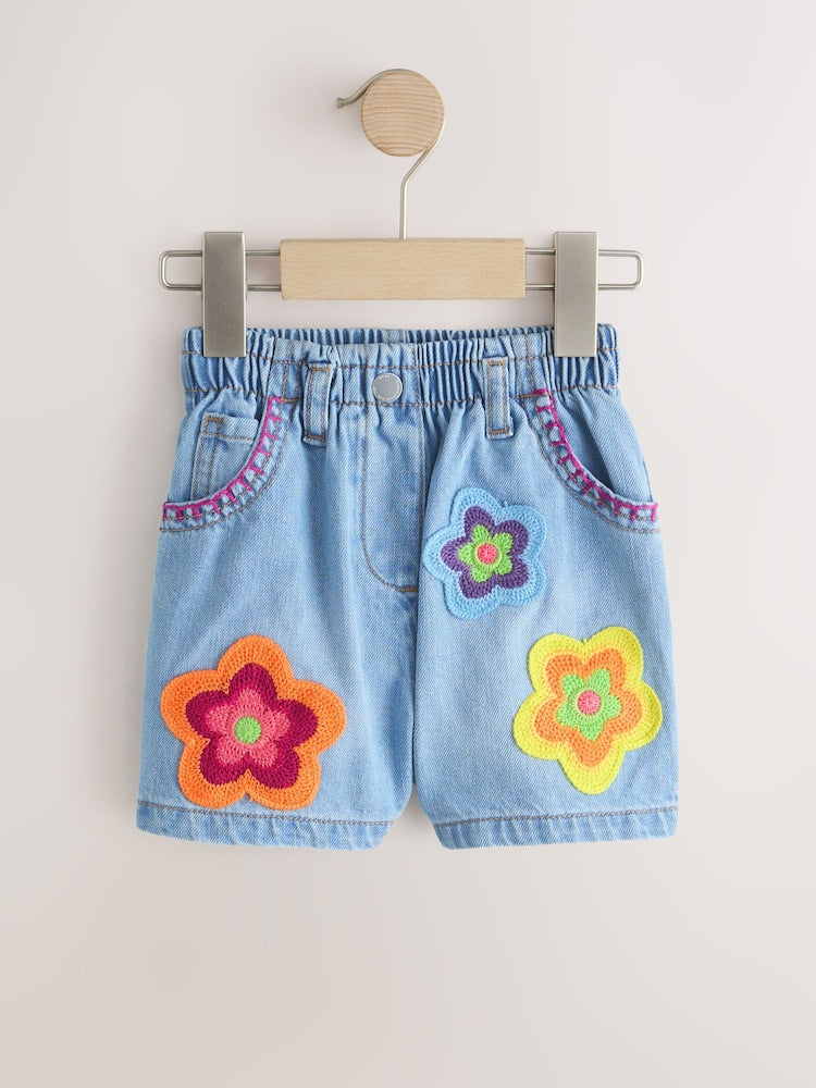 Mid Denim Crochet Flower Pull On Denim