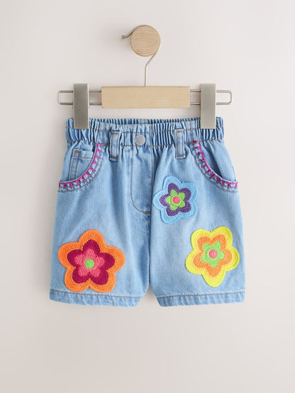 Mid Denim Crochet Flower Pull On Denim