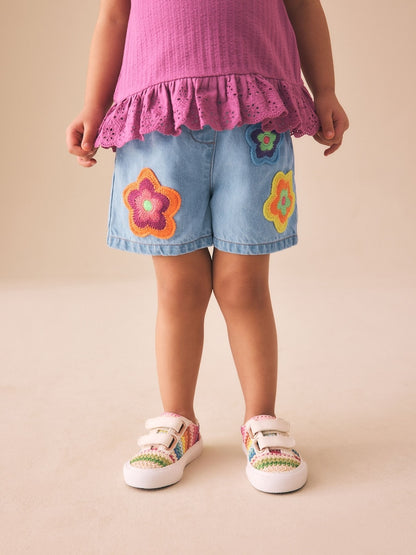 Mid Denim Crochet Flower Pull On Denim Shorts (3mths-10yrs) - Mid Denim Crochet Flower Pull On Denim / 12-18 Months (80-86cm)