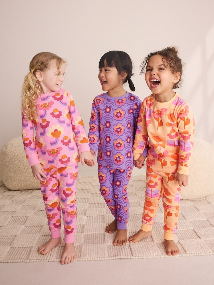 Pink/Purple Retro Floral Print Snuggle Pyjamas 3 Pack (9mths-12yrs) - Pink/Purple Retro Floral Print Snuggle / 10-11 Years (140-146cm)
