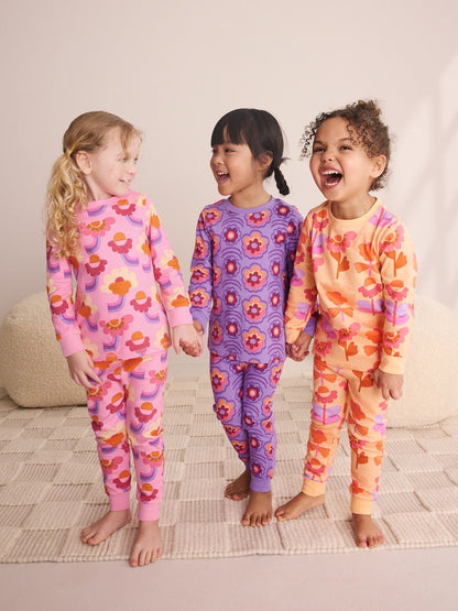 Pink/Purple Retro Floral Print Snuggle Pyjamas 3 Pack (9mths-12yrs) - Pink/Purple Retro Floral Print Snuggle / 10-11 Years (140-146cm)