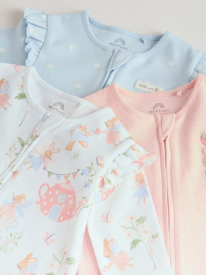 Multi Two Way Zip Baby Sleepsuit 3 Pack (0mths-3yrs)