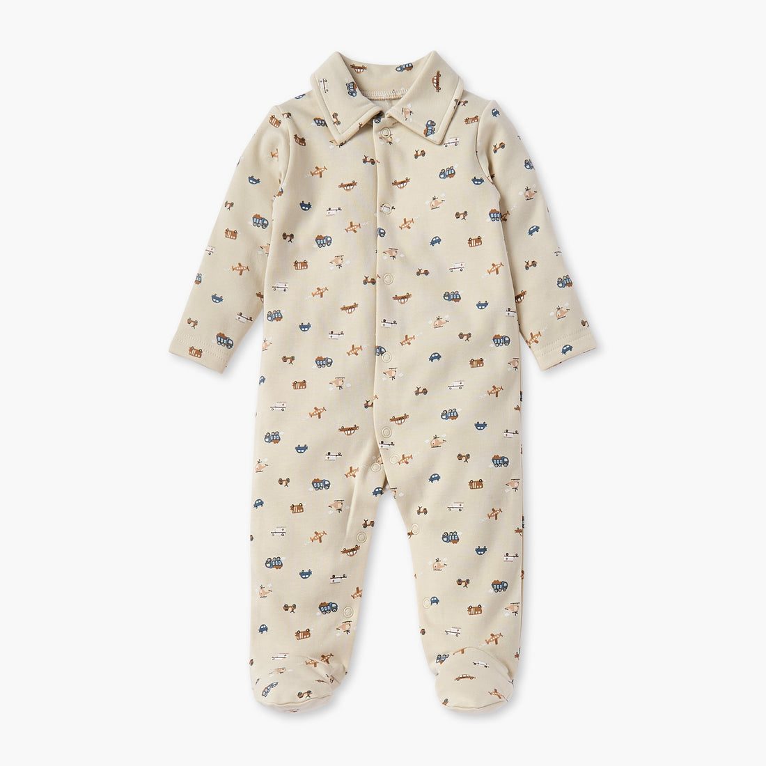 Juniors All-Over Vehicle Print Closed Feet Sleepsuit with Long Sleeves - Beige / 12-18 mths