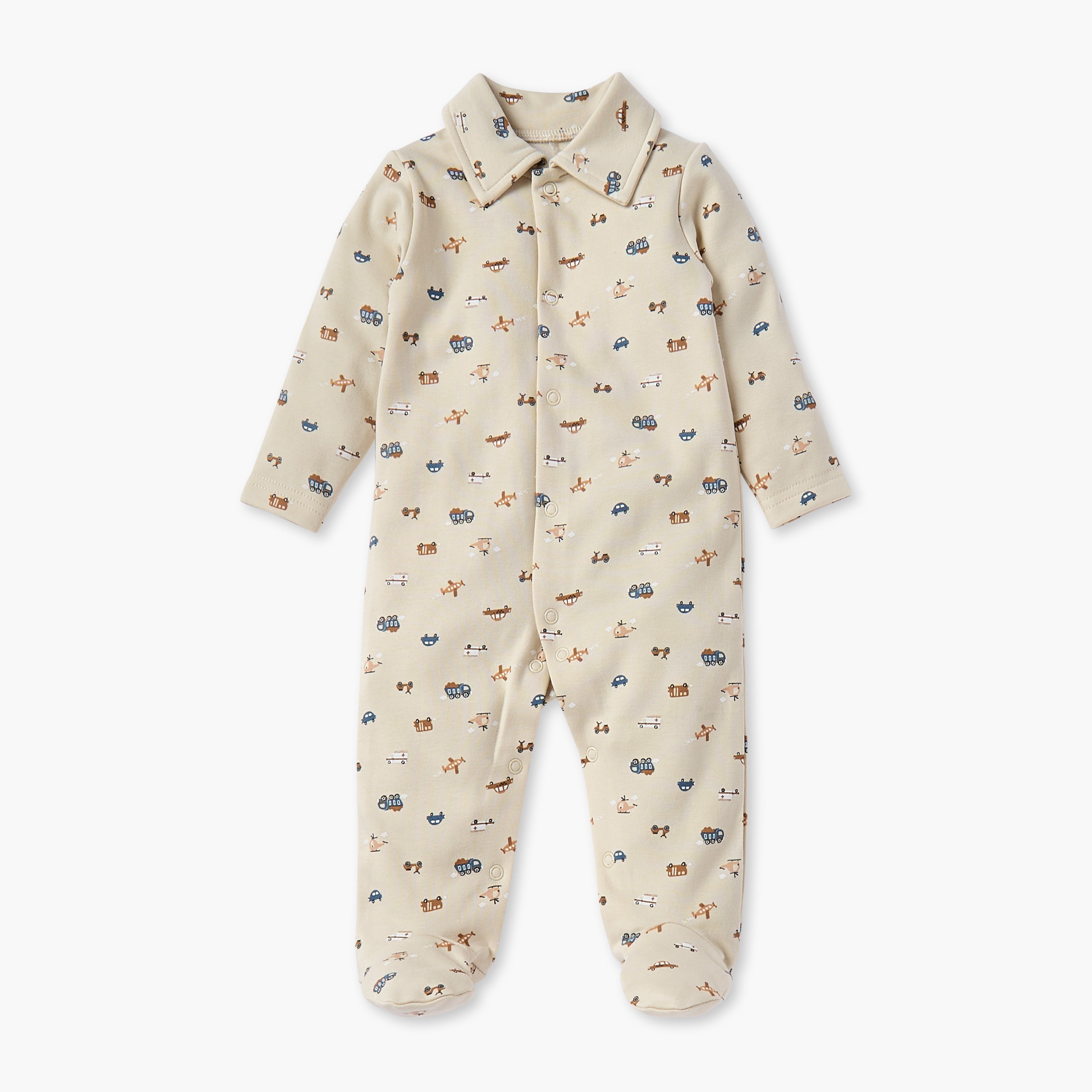 Juniors All-Over Vehicle Print Closed Feet Sleepsuit with Long Sleeves - Beige / 12-18 mths