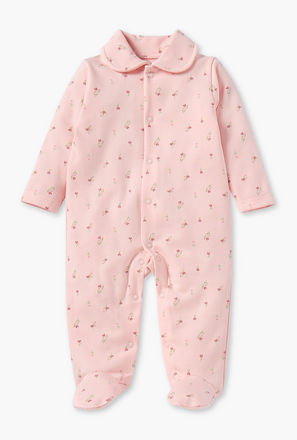 Juniors Floral Print Sleepsuit with Collar and Button Closure