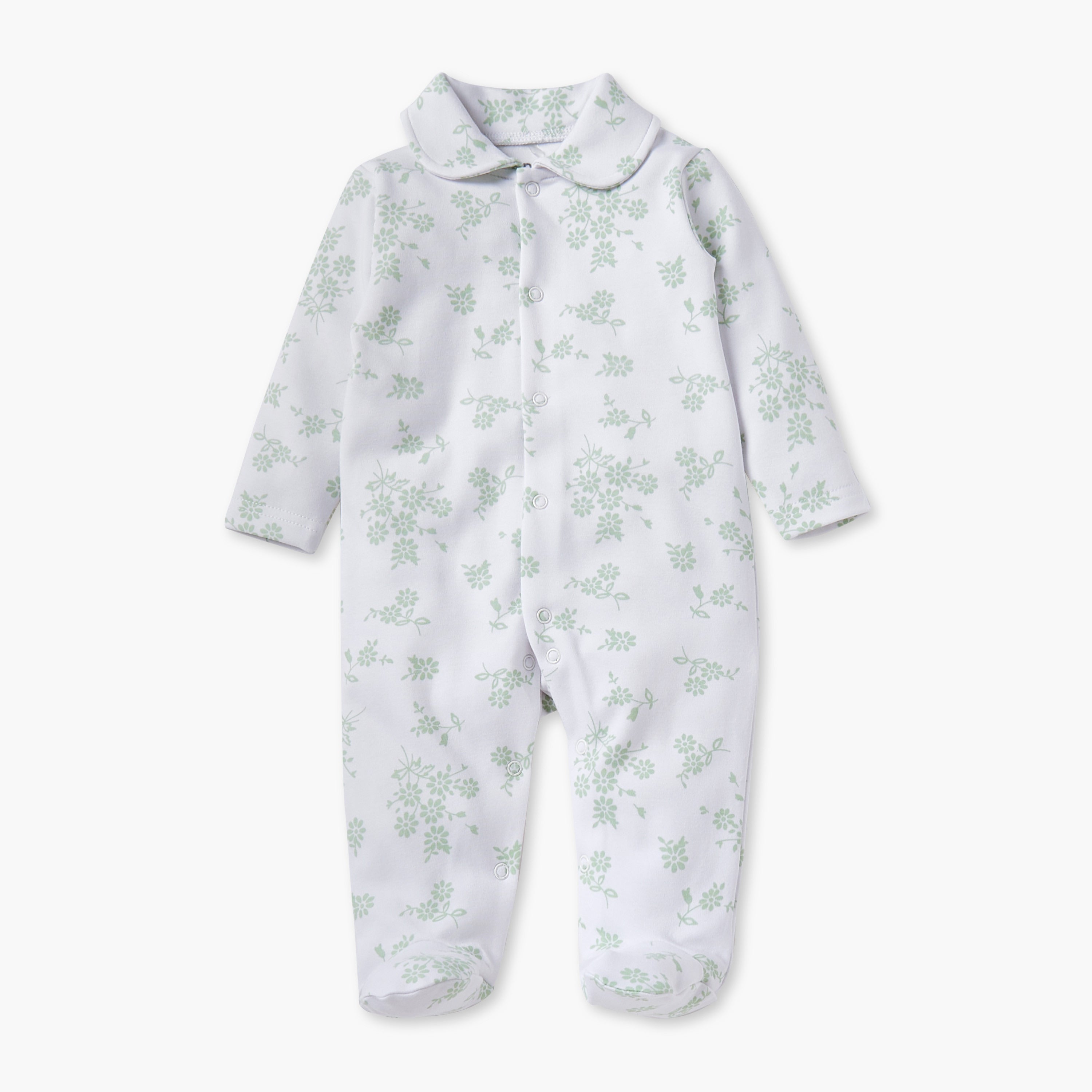 Juniors Floral Print Sleepsuit with Long Sleeves and Button Closure - White / 12-18 mths