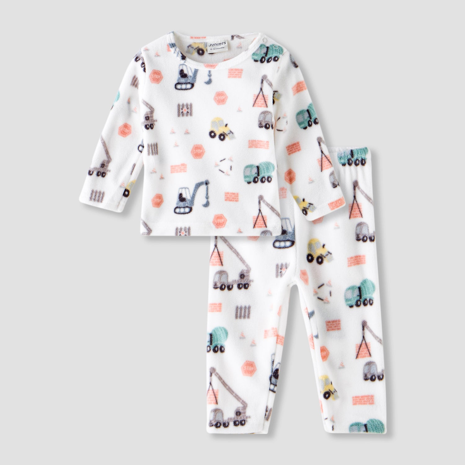 Juniors Pyjama Set with Construction Print - Long Sleeves - Round Neck - White / 12-18 mths