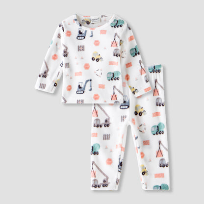 Juniors Pyjama Set with Construction Print - Long Sleeves - Round Neck - White / 12-18 mths
