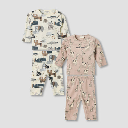 Juniors Pyjama Set with Animal Print - Polyester - Long Sleeves - Crew Neck - Set of 2 - Cream / 18-24 mths