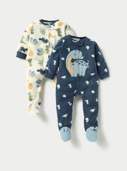 Juniors Dino Print Fleece Closed Feet Sleepsuit with Zip Closure - Set of 2-baby-boys-clothing-nightwear-sleepsuits-image-1