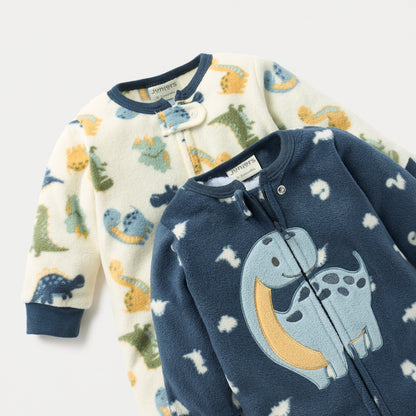 Juniors Dino Print Fleece Closed Feet Sleepsuit with Zip Closure - Set of 2