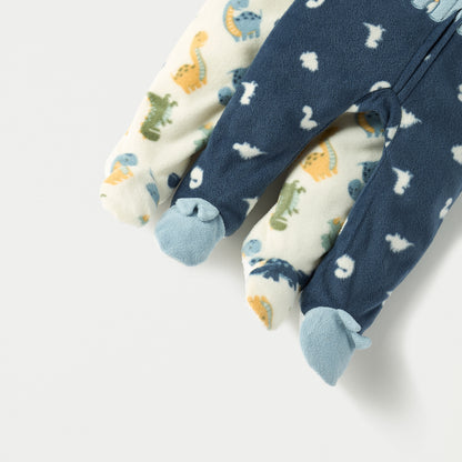 Juniors Dino Print Fleece Closed Feet Sleepsuit with Zip Closure - Set of 2